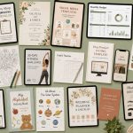 A flat lay displays some of the best digital products to sell, including planners, checklists, budget sheets, templates, art prints, and a white t-shirt with Adventure Awaits beside nature-themed and neutral-colored stationery.