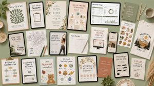 A flat lay displays some of the best digital products to sell, including planners, checklists, budget sheets, templates, art prints, and a white t-shirt with Adventure Awaits beside nature-themed and neutral-colored stationery.