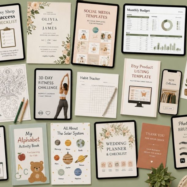A flat lay displays some of the best digital products to sell, including planners, checklists, budget sheets, templates, art prints, and a white t-shirt with Adventure Awaits beside nature-themed and neutral-colored stationery.