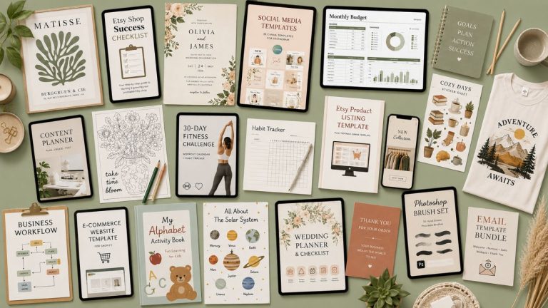 A flat lay displays some of the best digital products to sell, including planners, checklists, budget sheets, templates, art prints, and a white t-shirt with Adventure Awaits beside nature-themed and neutral-colored stationery.