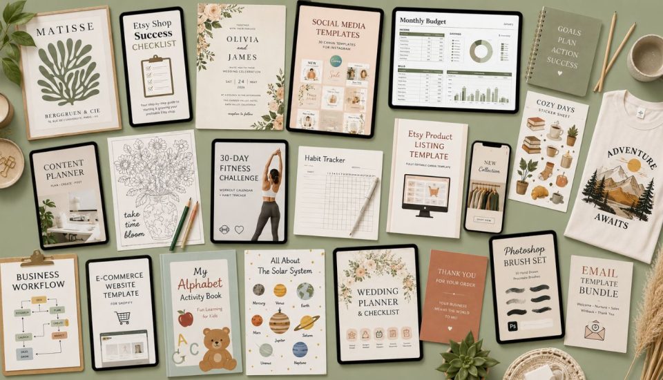A flat lay displays some of the best digital products to sell, including planners, checklists, budget sheets, templates, art prints, and a white t-shirt with Adventure Awaits beside nature-themed and neutral-colored stationery.