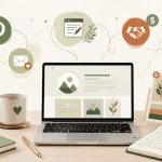 A laptop on a desk surrounded by a coffee mug, notebooks, plants, and tablet. On the wall are Pinterest and business icons, charts, and graphics, suggesting a creative workspace for social media or digital marketing.