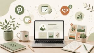A laptop on a desk surrounded by a coffee mug, notebooks, plants, and tablet. On the wall are Pinterest and business icons, charts, and graphics, suggesting a creative workspace for social media or digital marketing.