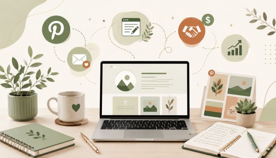 A laptop on a desk surrounded by a coffee mug, notebooks, plants, and tablet. On the wall are Pinterest and business icons, charts, and graphics, suggesting a creative workspace for social media or digital marketing.