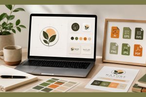 A laptop on a desk displays a leaf-themed logo design. Around it are printed logo samples, color swatches, a plant, notebooks, and icons for file formats like AI, EPS, SVG—ideal for creating a logo in various logo sizes.