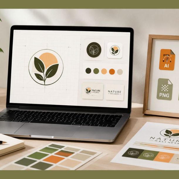 A laptop on a desk displays a leaf-themed logo design. Around it are printed logo samples, color swatches, a plant, notebooks, and icons for file formats like AI, EPS, SVG—ideal for creating a logo in various logo sizes.