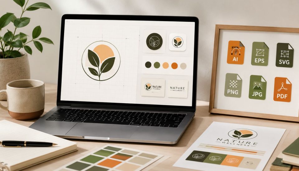 A laptop on a desk displays a leaf-themed logo design. Around it are printed logo samples, color swatches, a plant, notebooks, and icons for file formats like AI, EPS, SVG—ideal for creating a logo in various logo sizes.