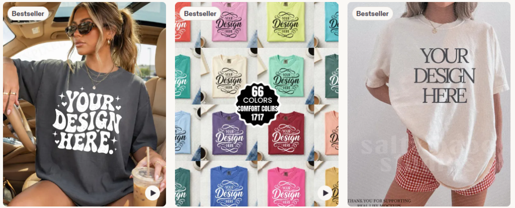 Three images show women in oversized t-shirts with "Your Design Here"—a perfect showcase for Digital Download Ideas. One image features a grid labeled “65 colors,” making these tees among the best digital products to sell.
