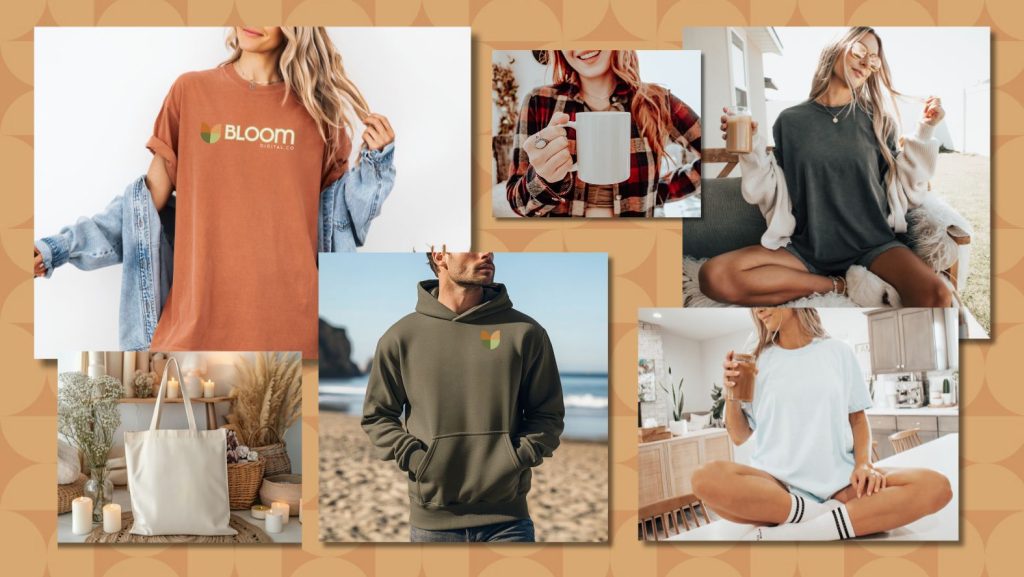 A collage showing people wearing casual Bloom-themed apparel like t-shirts, a hoodie, and holding mugs and totes, all in neutral tones with cozy and beach backgrounds—perfect inspiration for digital product ideas or digital things to sell on Etsy.
