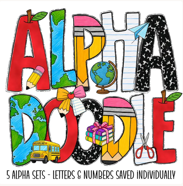 Colorful, playful ALPHA DOODLE text with letters decorated as school supplies: pencils, globe, books, and more—a perfect digital product idea for those seeking creative digital things to sell on Etsy. Includes 5 ALPHA SETS—LETTERS & NUMBERS SAVED INDIVIDUALLY.