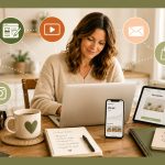 A woman works at a laptop on a wooden table with a tablet, phone, camera, coffee mug, and notepad. Social media and digital icons float around her, symbolizing online content creation and marketing.