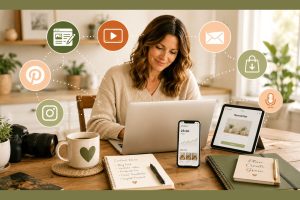 A woman works at a laptop on a wooden table with a tablet, phone, camera, coffee mug, and notepad. Social media and digital icons float around her, symbolizing online content creation and marketing.