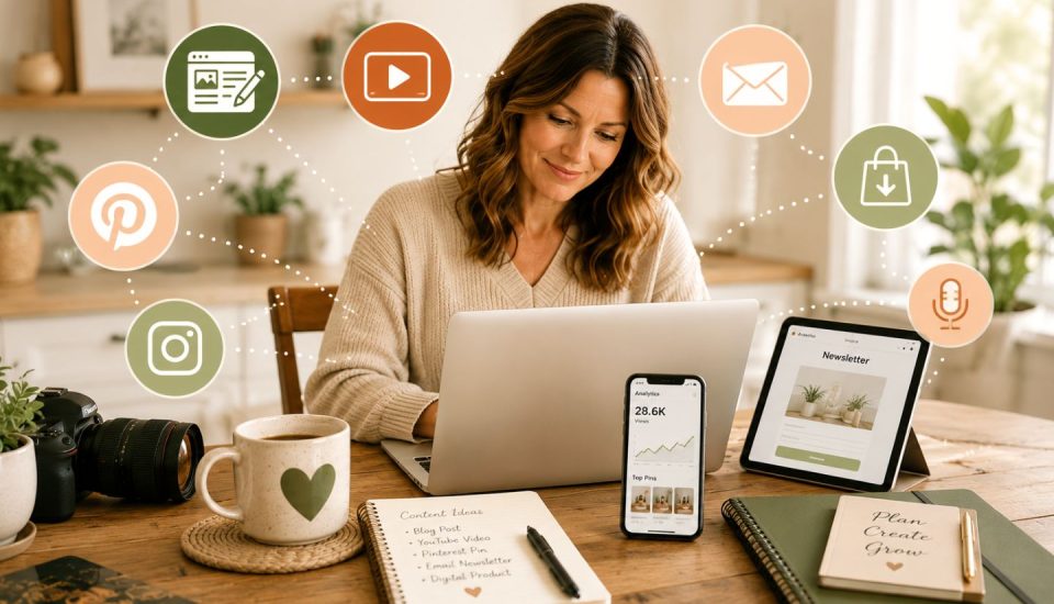 A woman works at a laptop on a wooden table with a tablet, phone, camera, coffee mug, and notepad. Social media and digital icons float around her, symbolizing online content creation and marketing.