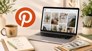 Laptop displaying Pinterest with home decor images sits on a desk with a notebook, pen, coffee cup, houseplants, and cash—hinting at ways to make money on Pinterest. The Pinterest logo is prominently shown in the background.