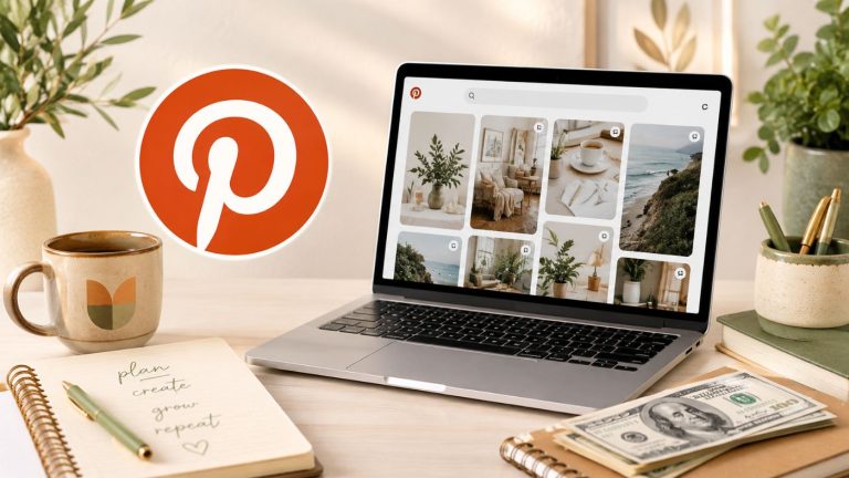 Laptop displaying Pinterest with home decor images sits on a desk with a notebook, pen, coffee cup, houseplants, and cash—hinting at ways to make money on Pinterest. The Pinterest logo is prominently shown in the background.