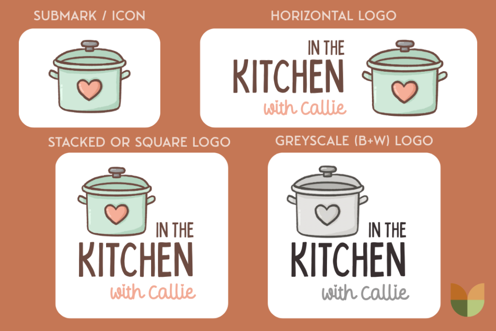 Four logo variations for In the Kitchen with Callie, featuring a pastel pot with a heart: a submark icon, a horizontal logo, a stacked logo, and a greyscale version, all on a brown background.