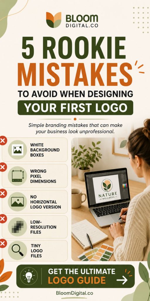 Infographic titled 5 Rookie Mistakes to Avoid When Designing Your First Logo with a woman working on a laptop. Lists mistakes: white background boxes, wrong pixel dimensions, no horizontal version, low-resolution files, tiny logo files.