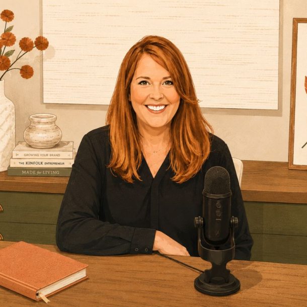 A woman with red hair smiles while sitting at a desk with a microphone. The desk has books, plants, a notebook, and décor. Art and a vase with orange flowers are displayed in the background.