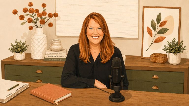 A woman with red hair smiles while sitting at a desk with a microphone. The desk has books, plants, a notebook, and décor. Art and a vase with orange flowers are displayed in the background.