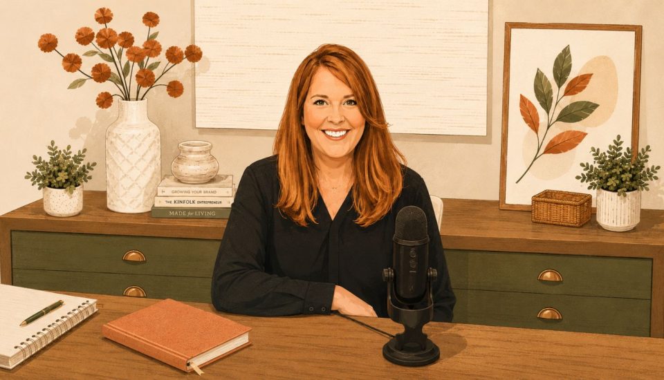 A woman with red hair smiles while sitting at a desk with a microphone. The desk has books, plants, a notebook, and décor. Art and a vase with orange flowers are displayed in the background.
