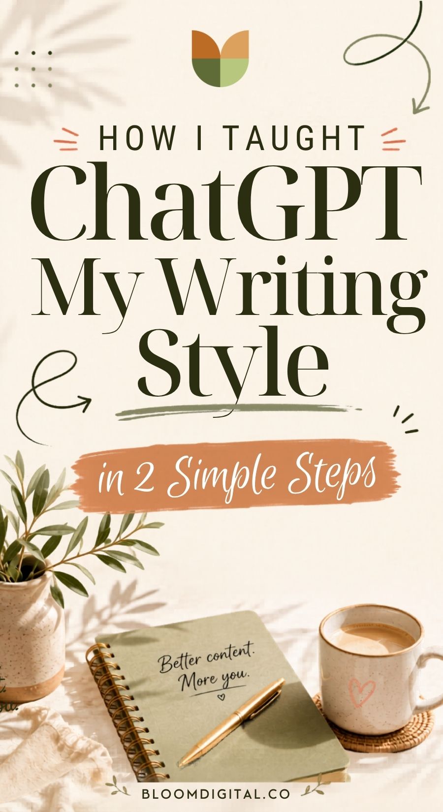 Text graphic titled “How I Taught ChatGPT My Writing Style in 2 Simple Steps” with plants, a notebook labeled “Better content. More you.”, a pen, and a coffee cup, on a beige background. Website: bloomdigital.co.