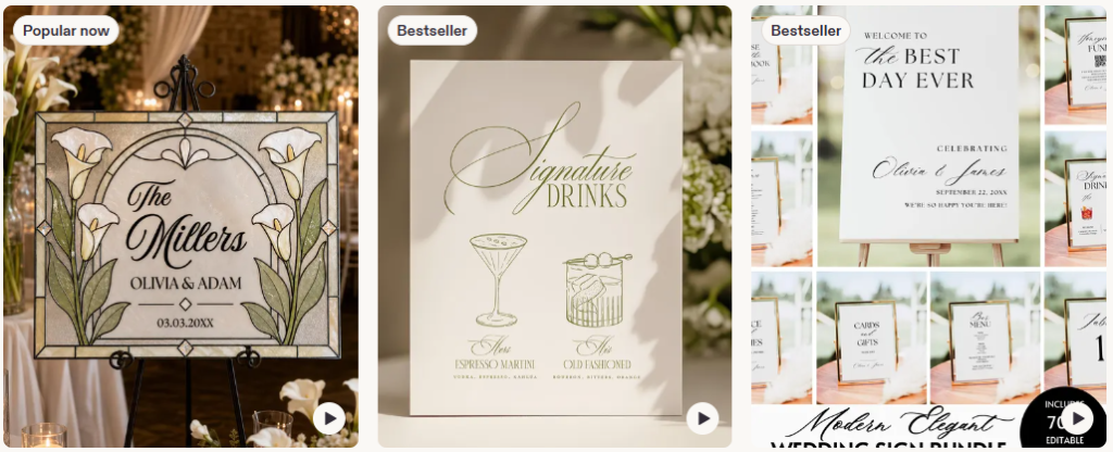 Three elegant wedding signs—perfect digital download ideas—including a stained glass welcome sign, a Signature Drinks menu with cocktail illustrations, and a Welcome to the Best Day Ever sign with guest cards on a table.