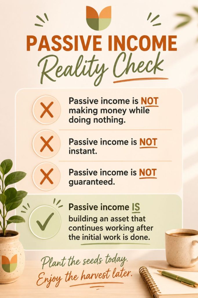 An infographic titled Passive Income Reality Check lists: passive income is not making money doing nothing, not instant, not guaranteed, and is building an asset that works after initial effort. Plant graphic and quote at bottom.