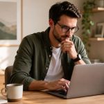 A man with glasses sits at a wooden desk, working on a laptop. He appears focused, with his hand on his chin. The desk has a notebook, pen, coffee mug, and small potted plant. The background is a bright, cozy room.