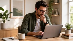 A man with glasses sits at a wooden desk, working on a laptop. He appears focused, with his hand on his chin. The desk has a notebook, pen, coffee mug, and small potted plant. The background is a bright, cozy room.