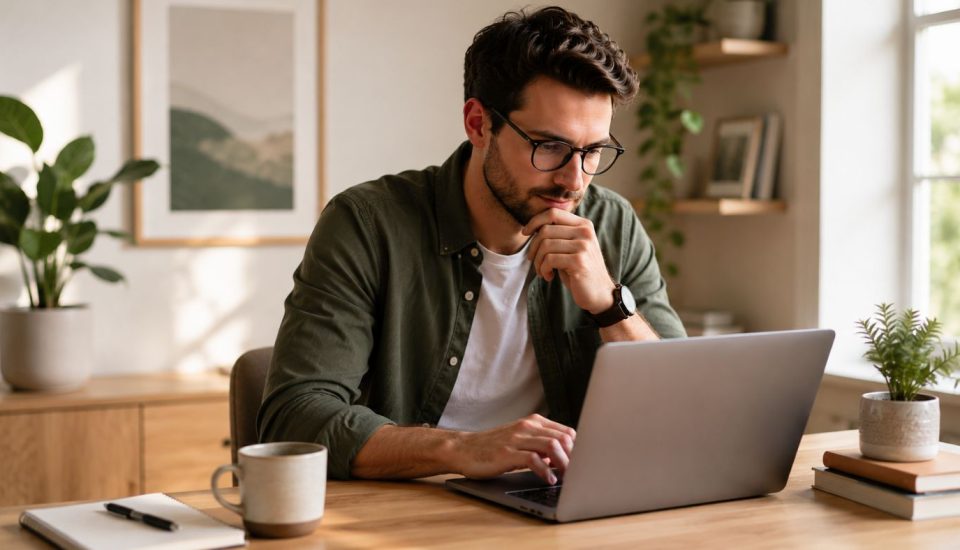 A man with glasses sits at a wooden desk, working on a laptop. He appears focused, with his hand on his chin. The desk has a notebook, pen, coffee mug, and small potted plant. The background is a bright, cozy room.
